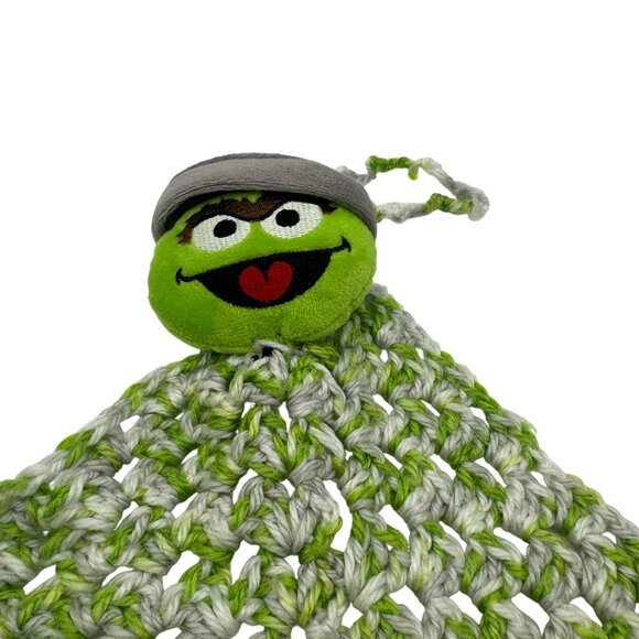 Oscar The Grouch Crochet Blanket Plush Head Green Gray Lovey Baby Item Handknit - Picture 2 of 5